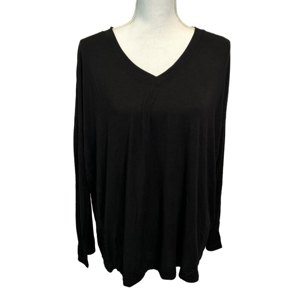 Nordstrom Womens Blouse Medium Black Long Sleeve Pullover Tee Minimalist V Neck‎